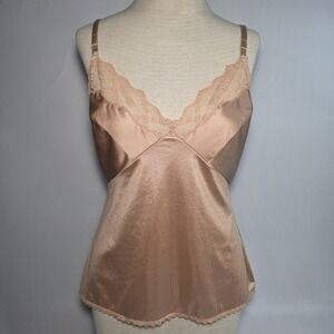 Vintage Womens Formfit Tan/Beige Camisole Lingerie Adjustable Straps‎ Lace Trim